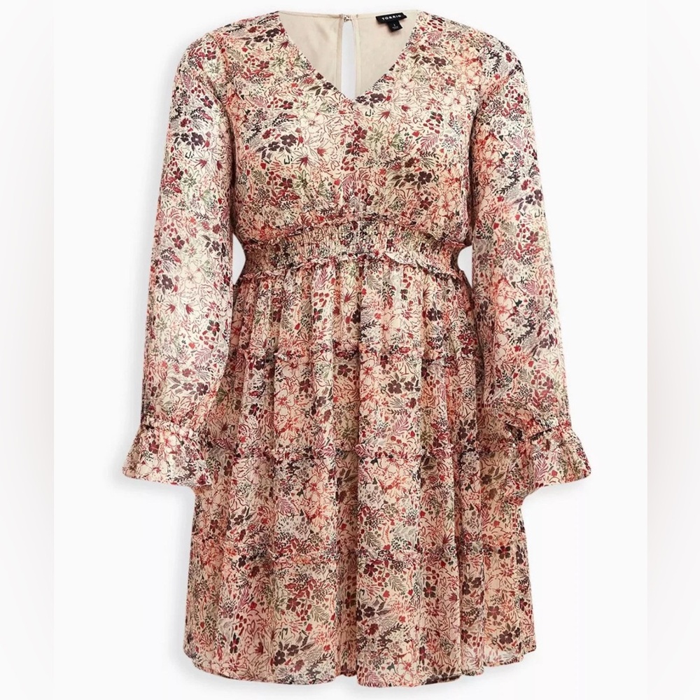 Torrid Mini Lurex Chiffon Tiered Dress Floral Multi Cream 2